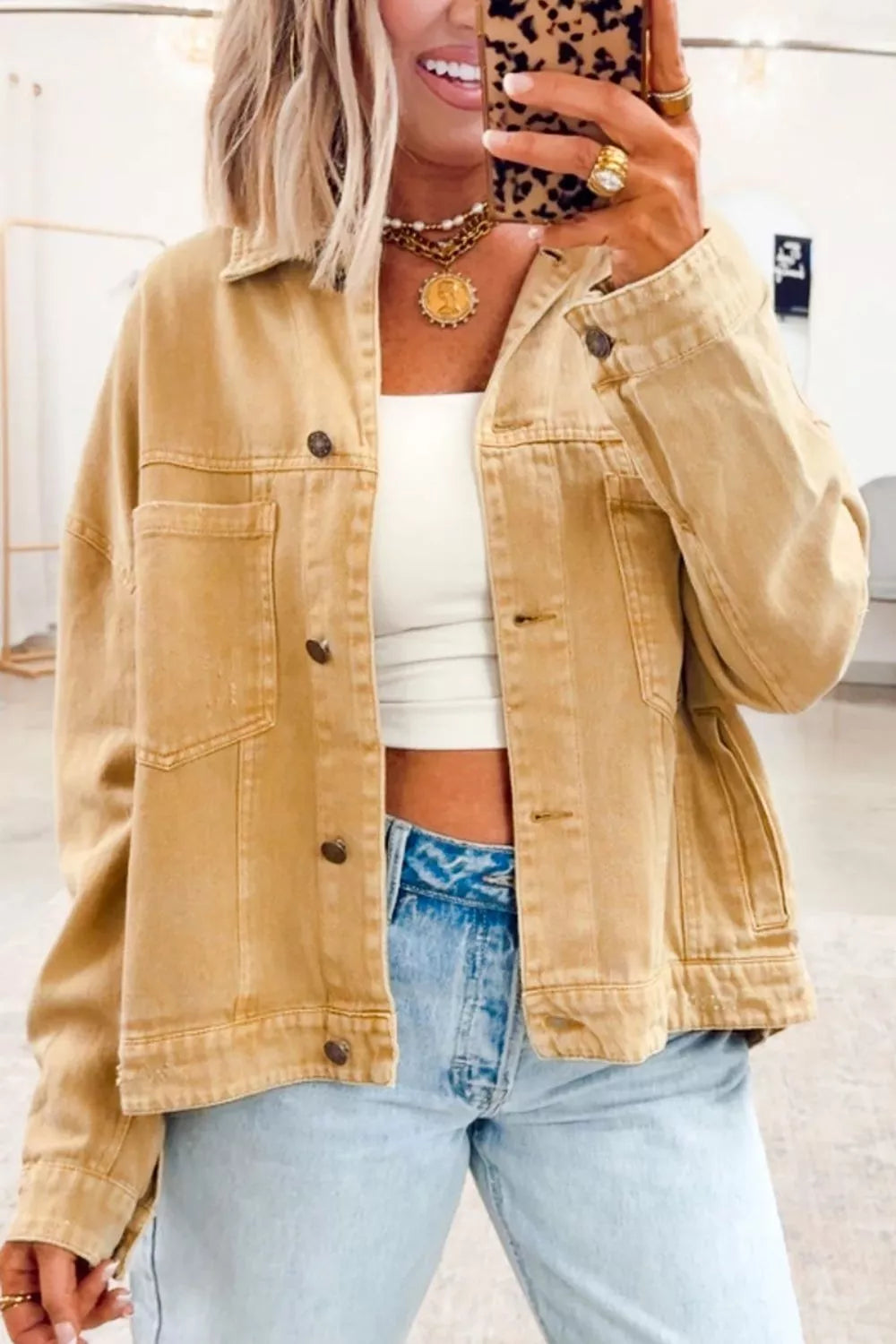 Metal Button Front Long Sleeve Collar Denim Jacket in Tan, view 5