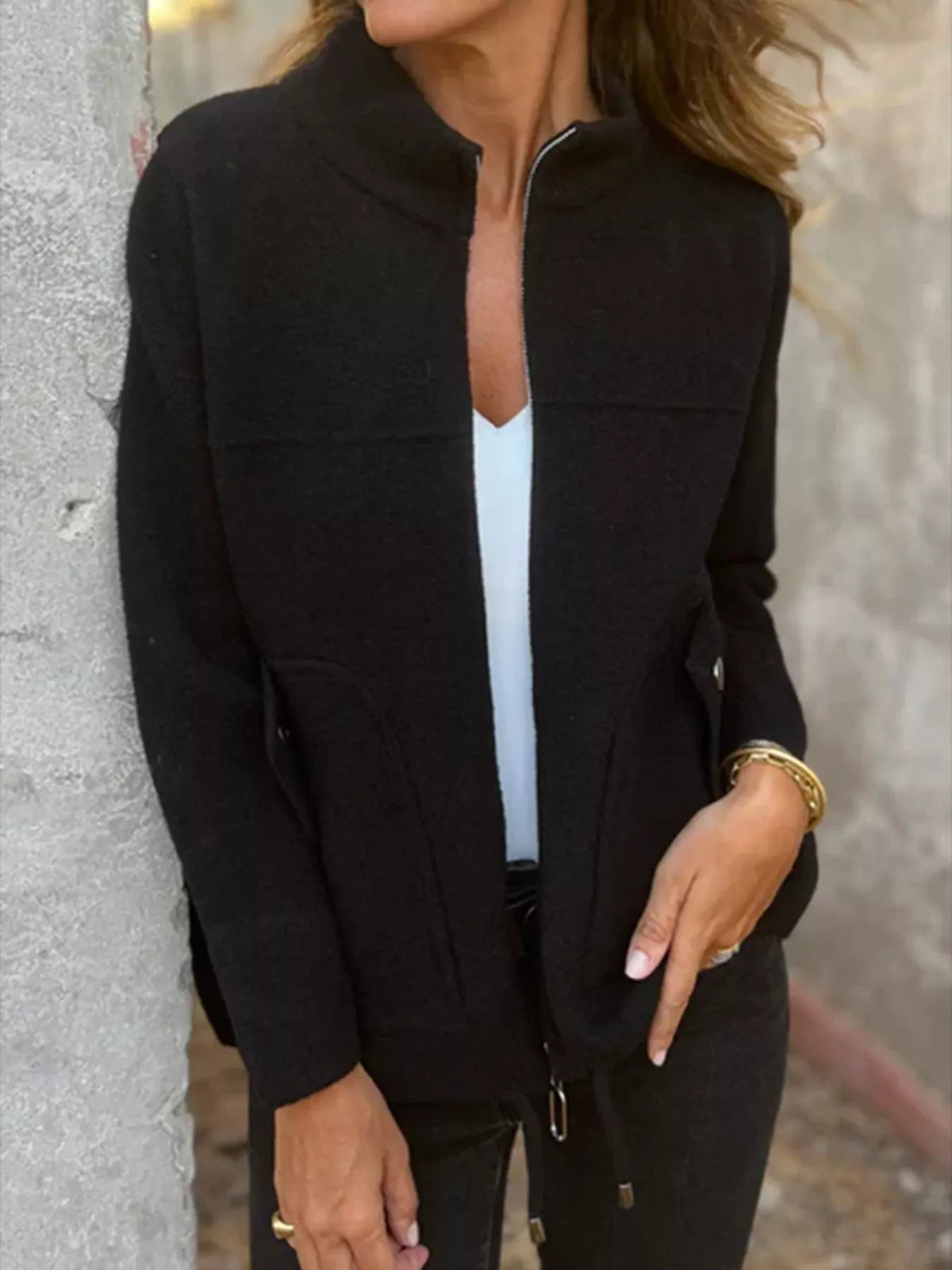 Full Size Textured Knit Zip Up Outerwear Plus Size, view 6