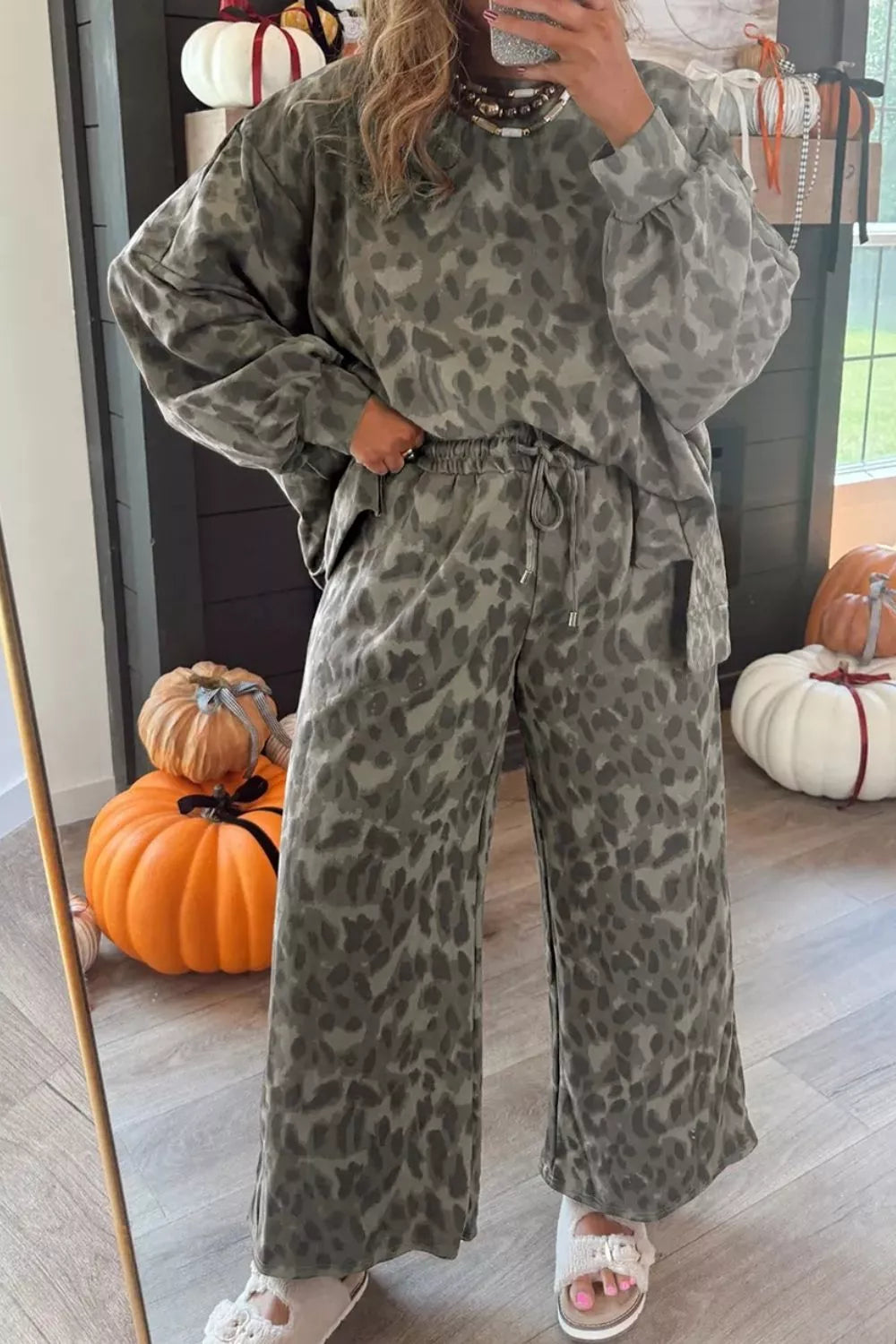 Leopard Print Long Sleeve Top and Pants Set, view 14