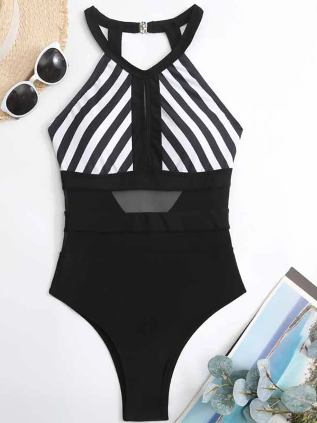 Mesh Detail Backless Striped One-Piece Swimsuit - Lilixa.store