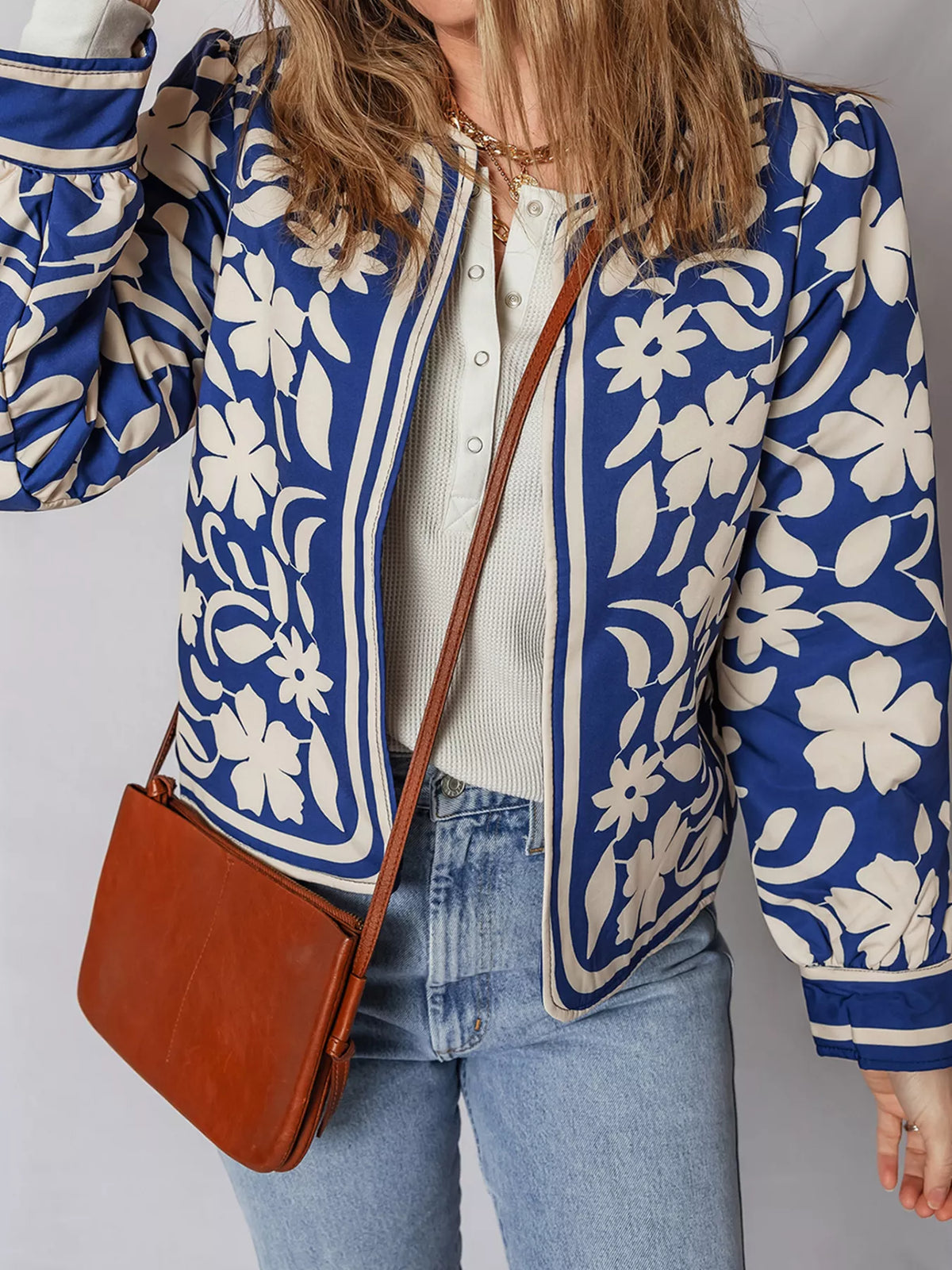 Flower Print Open Front Buttoned Cuffs Elegant Jacket in Dusty Blue, view 5