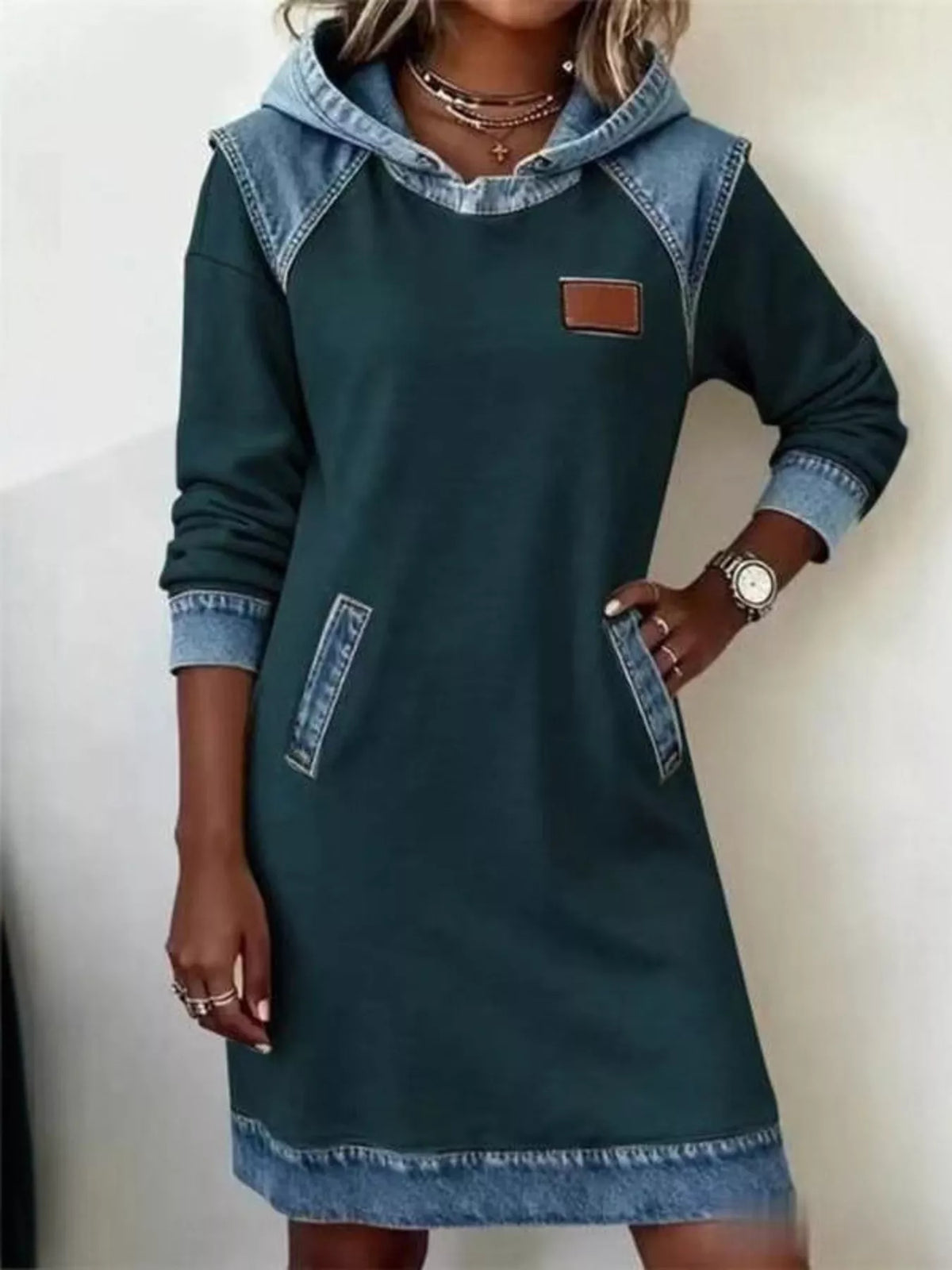 Full Size Denim Patchwork Hooded Sweatshirt Dress Plus Size - Lilixa.store