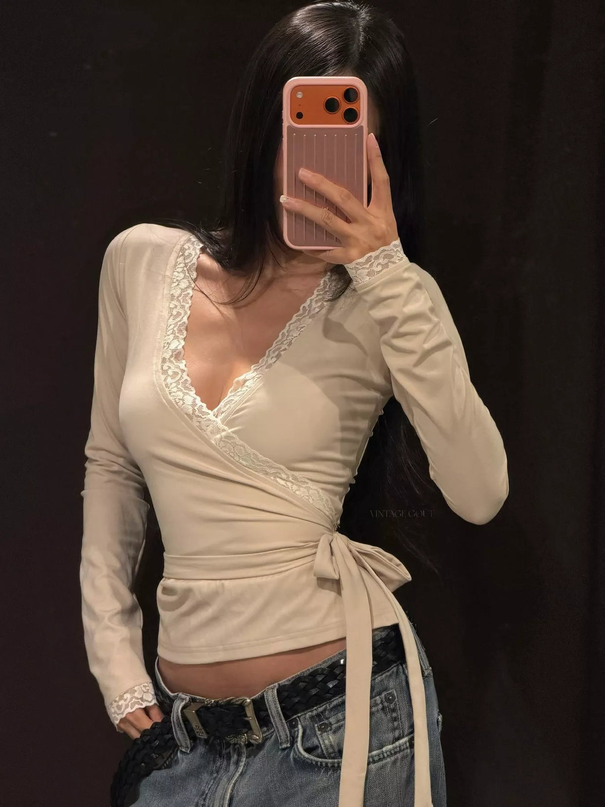 Lace-Trimmed Long Sleeves Wrap Blouse - Lilixa.store