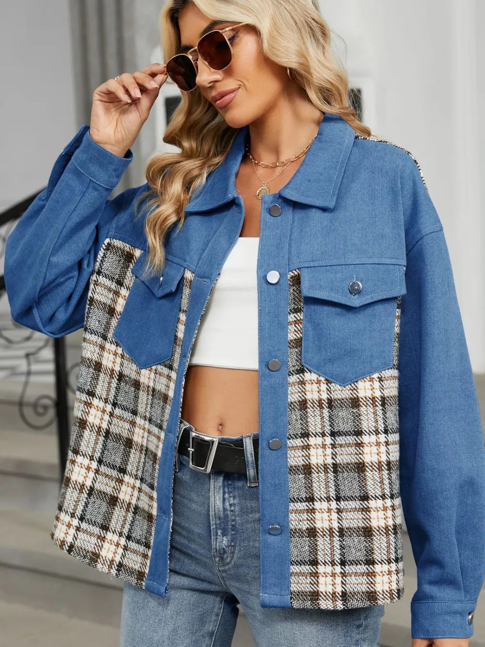 Plaid Button Up Long Sleeve Denim Jacket in Dusty Blue, view 4