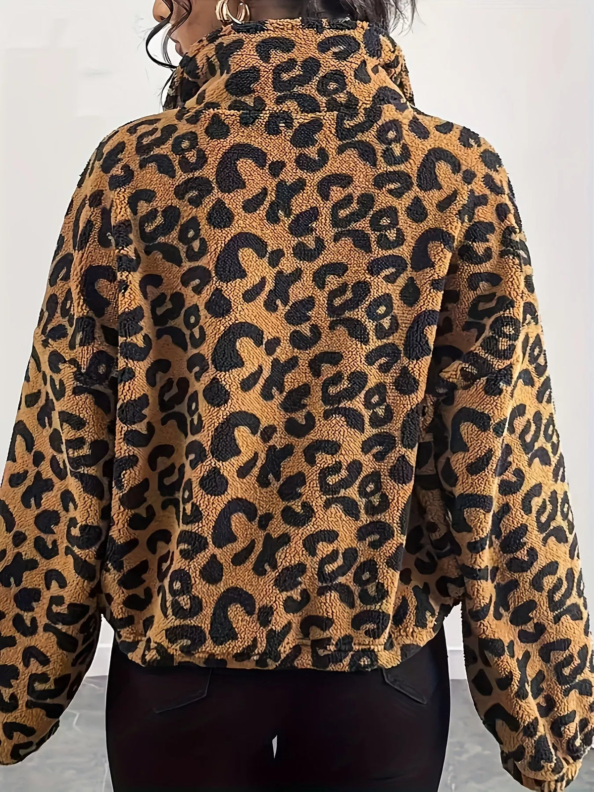Leopard Fleece Zip-Up Jacket in Khaki, view 2