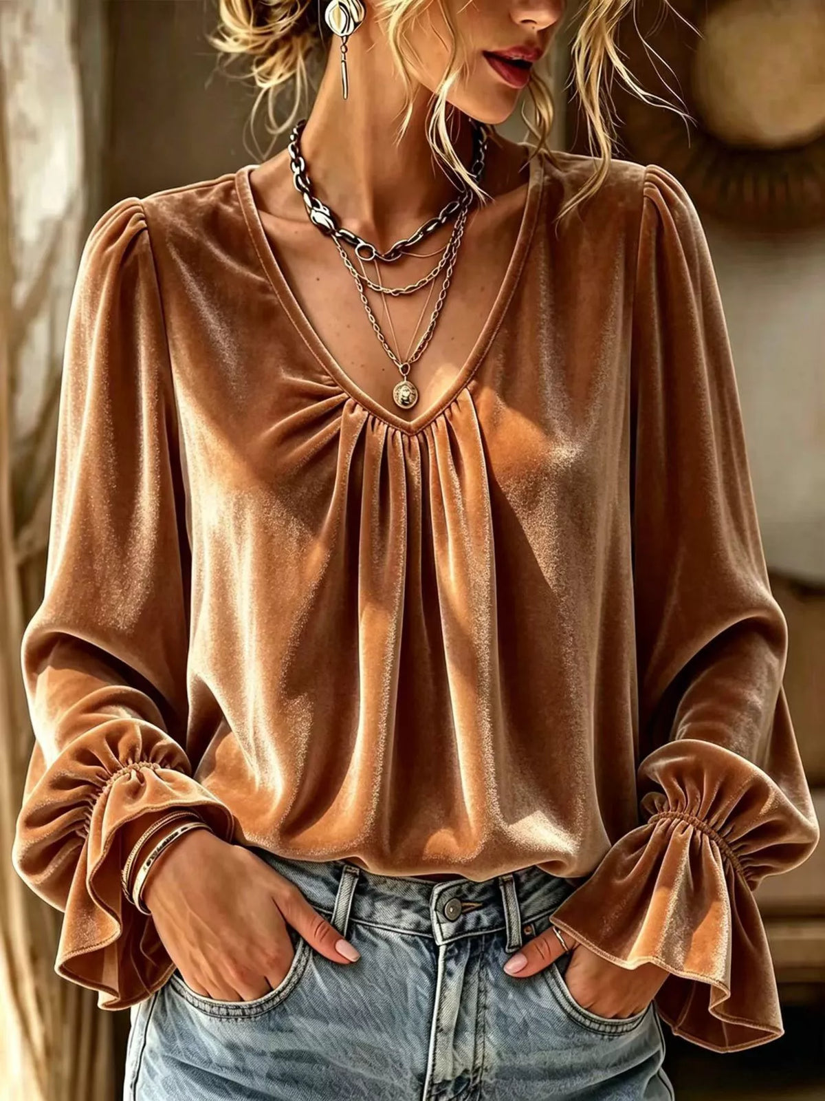 Full Size Ruched V-Neck Flounce Sleeve Blouse Plus Size