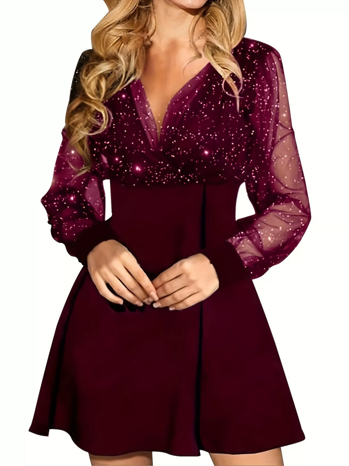 Glitter Mesh Long Sleeve Mini Dress - Lilixa.store
