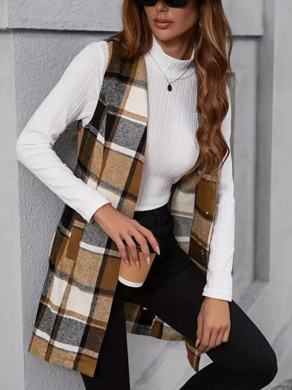 Plaid V-Neck Vest Coat in Camel, view 2