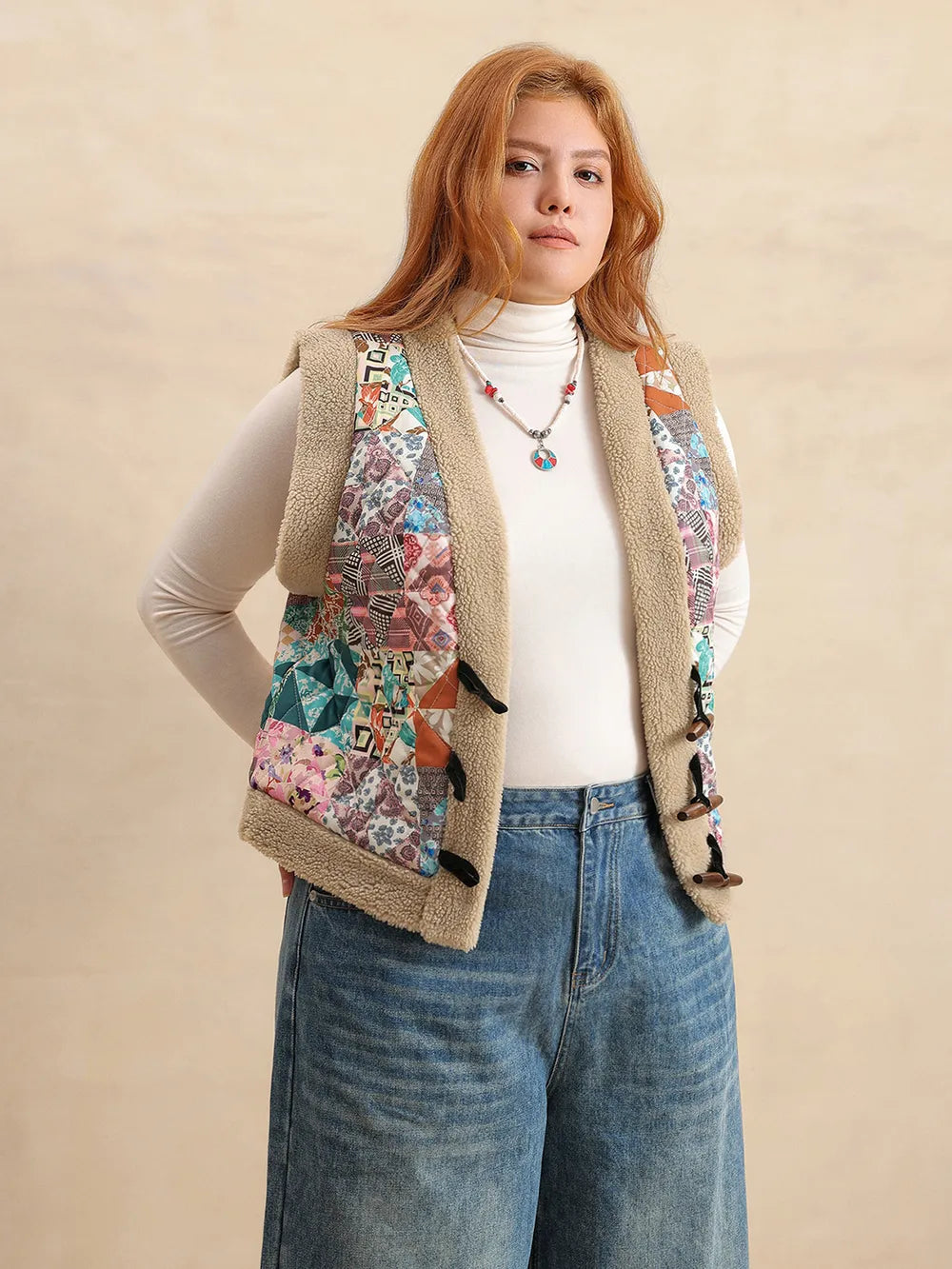 Plus Size Printed Sherpa Vest Coat in Multicolor, view 4