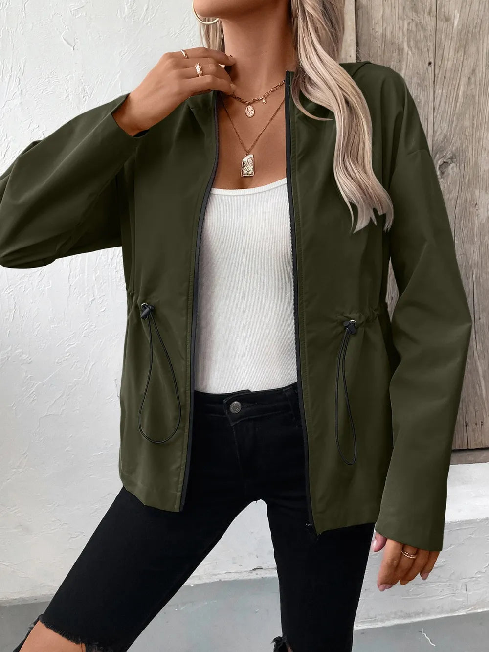 Ivy Lane Drawstring Zip Up Hooded Jacket, view 12
