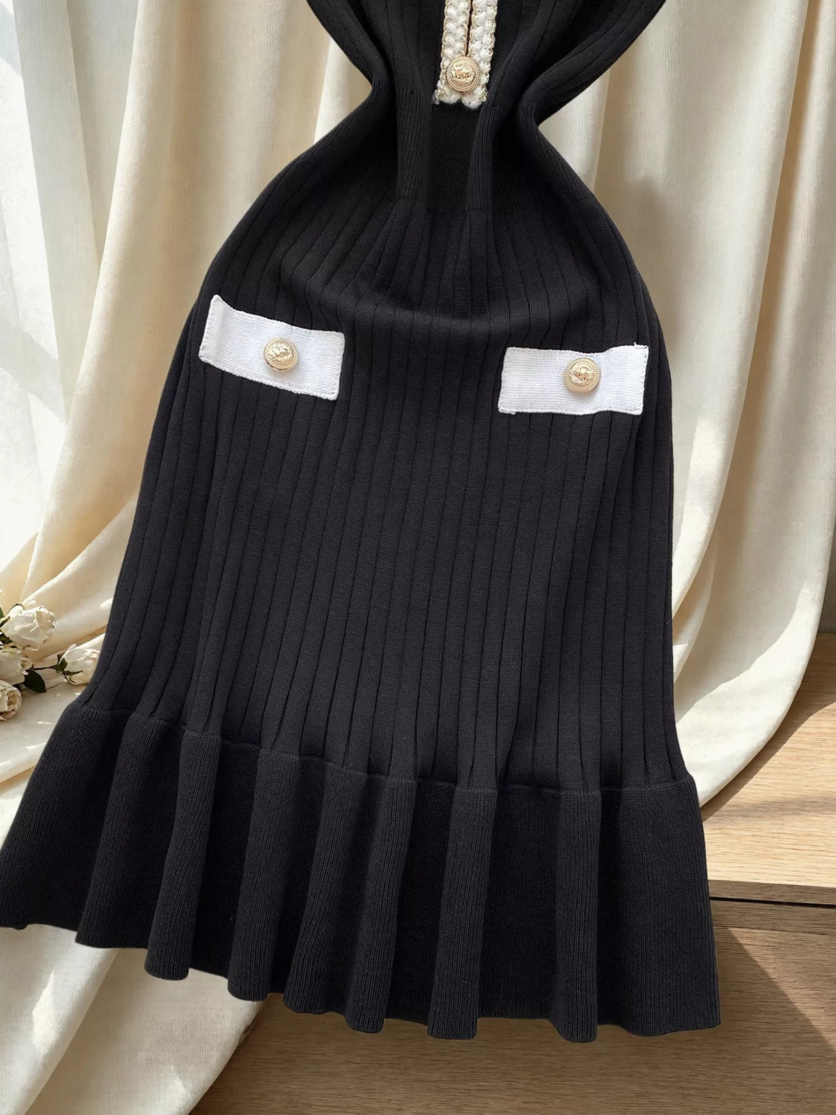 Ruffled Hem V-Neck Ribbed Knit Dress - Lilixa.store