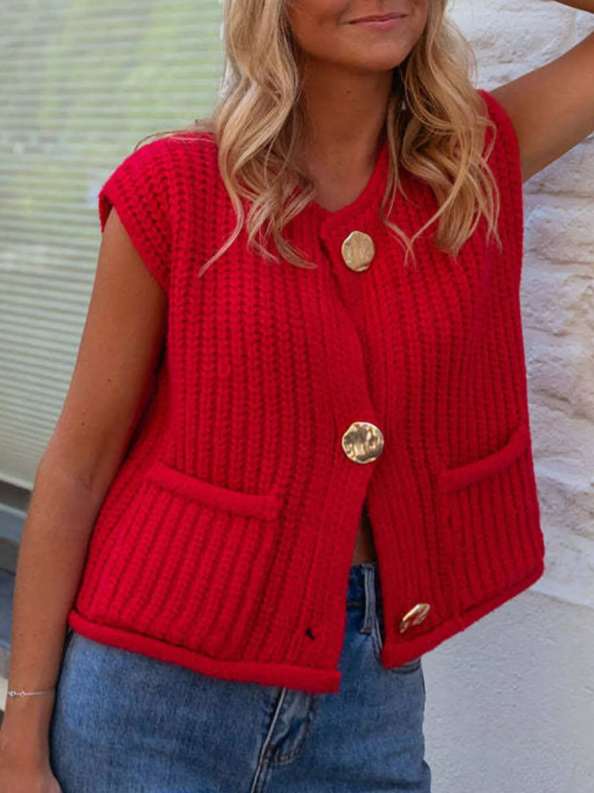 Button-Down Sweater Vest in Red