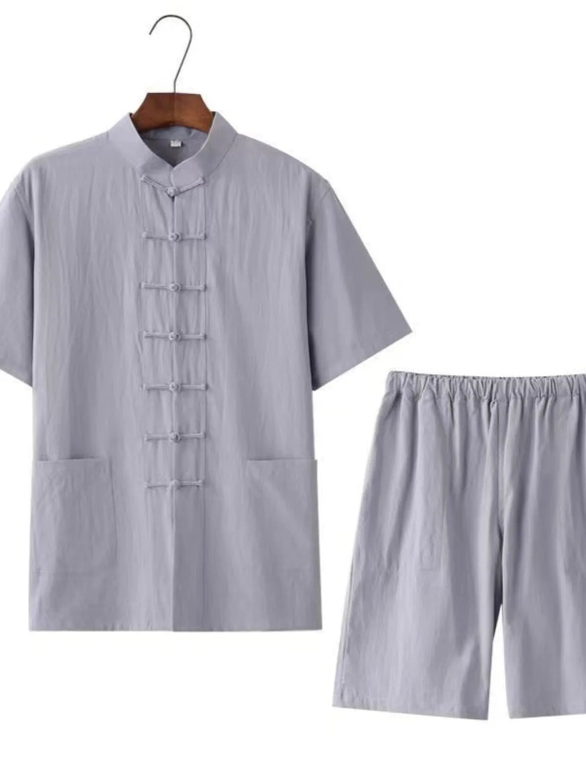 Men's Plus Size Chinese Style Top and Shorts Set in Gray