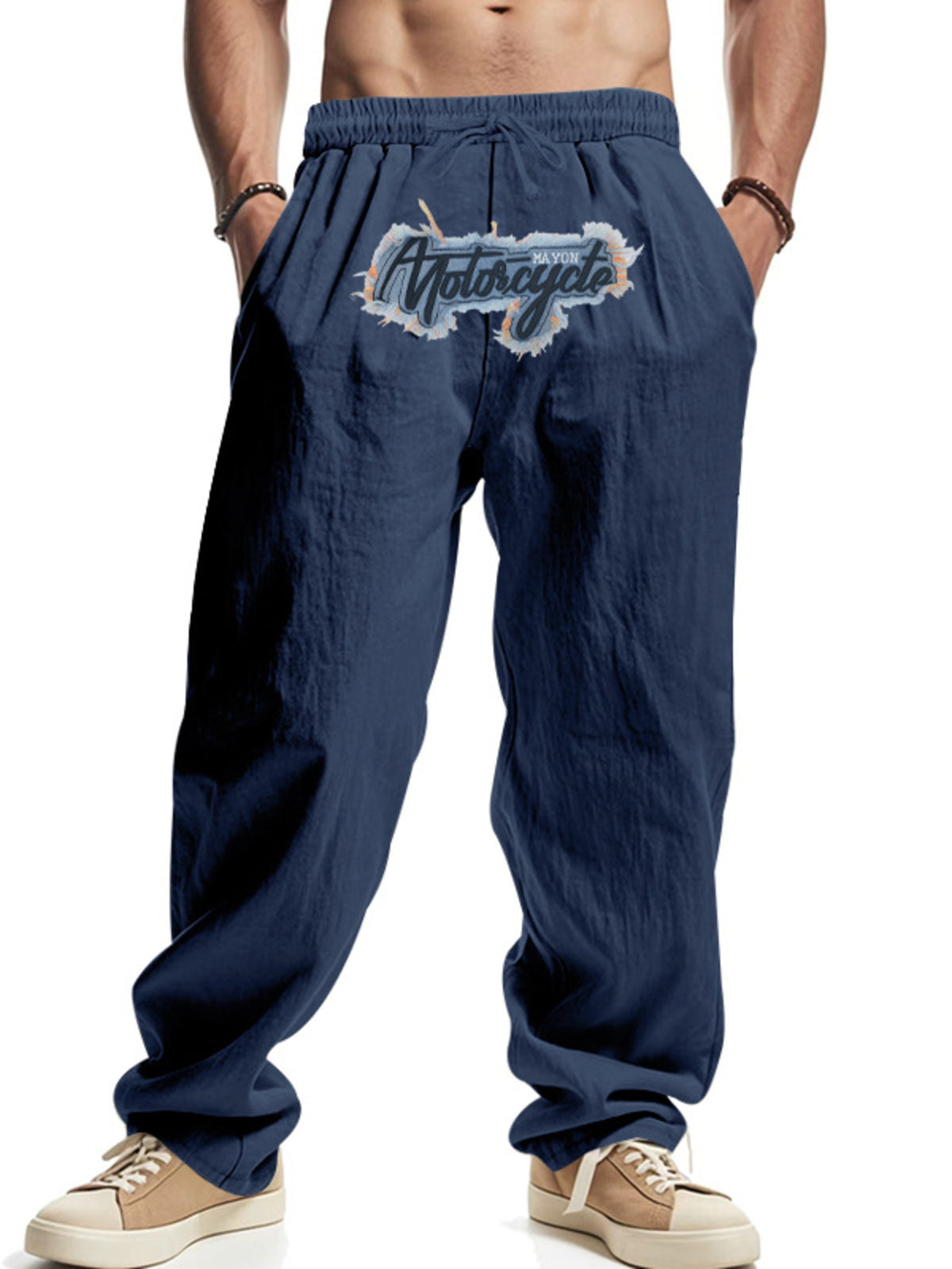 Men's Full Size Drawstring Letter Casual Pants Plus Size in Navy Blue