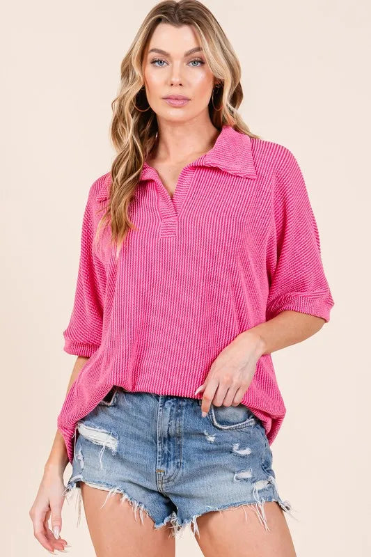 BOMBOM Ribbed Collared Neck Top - Lilixa.store