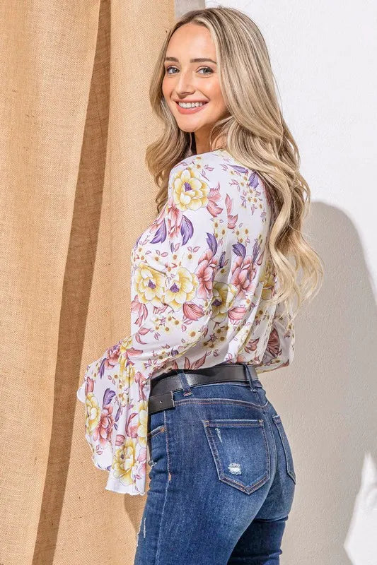 And The Why Floral Printed Bell Sleeve Casual Top in Mustard Mauve, view 3