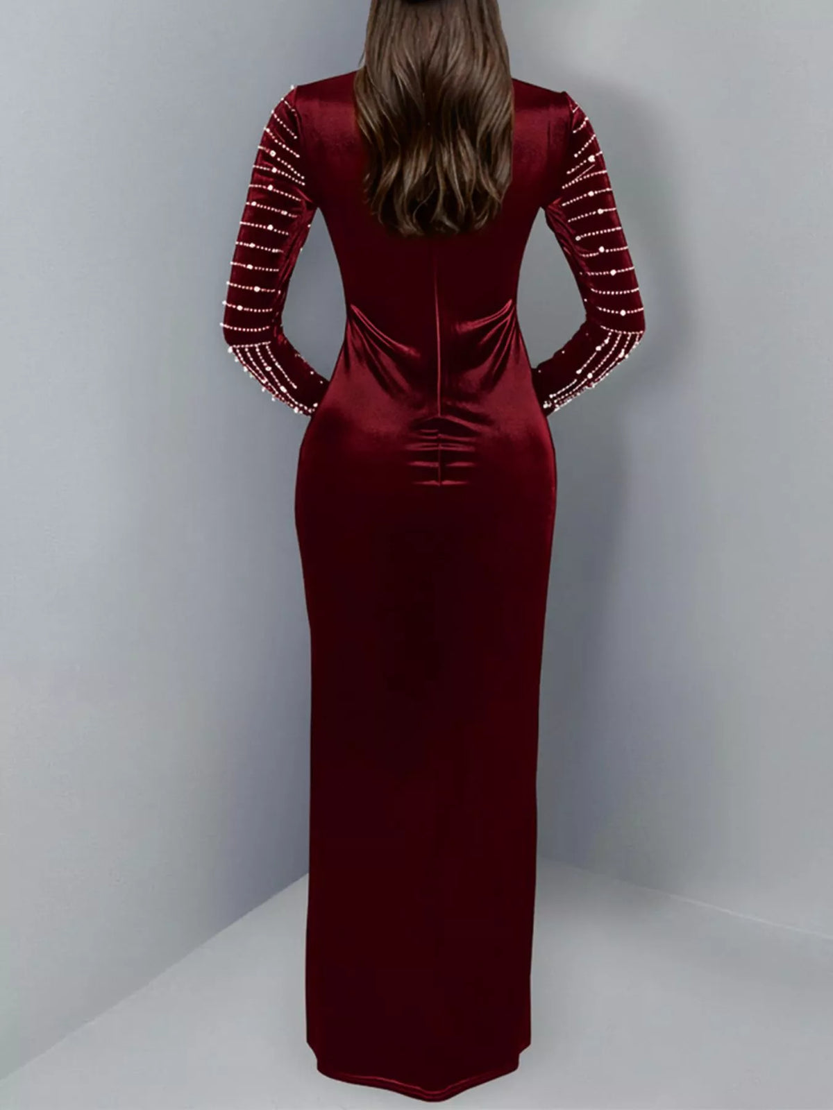 Rhinestone Embellished Mock Neck Long Sleeve Maxi Dress - Lilixa.store