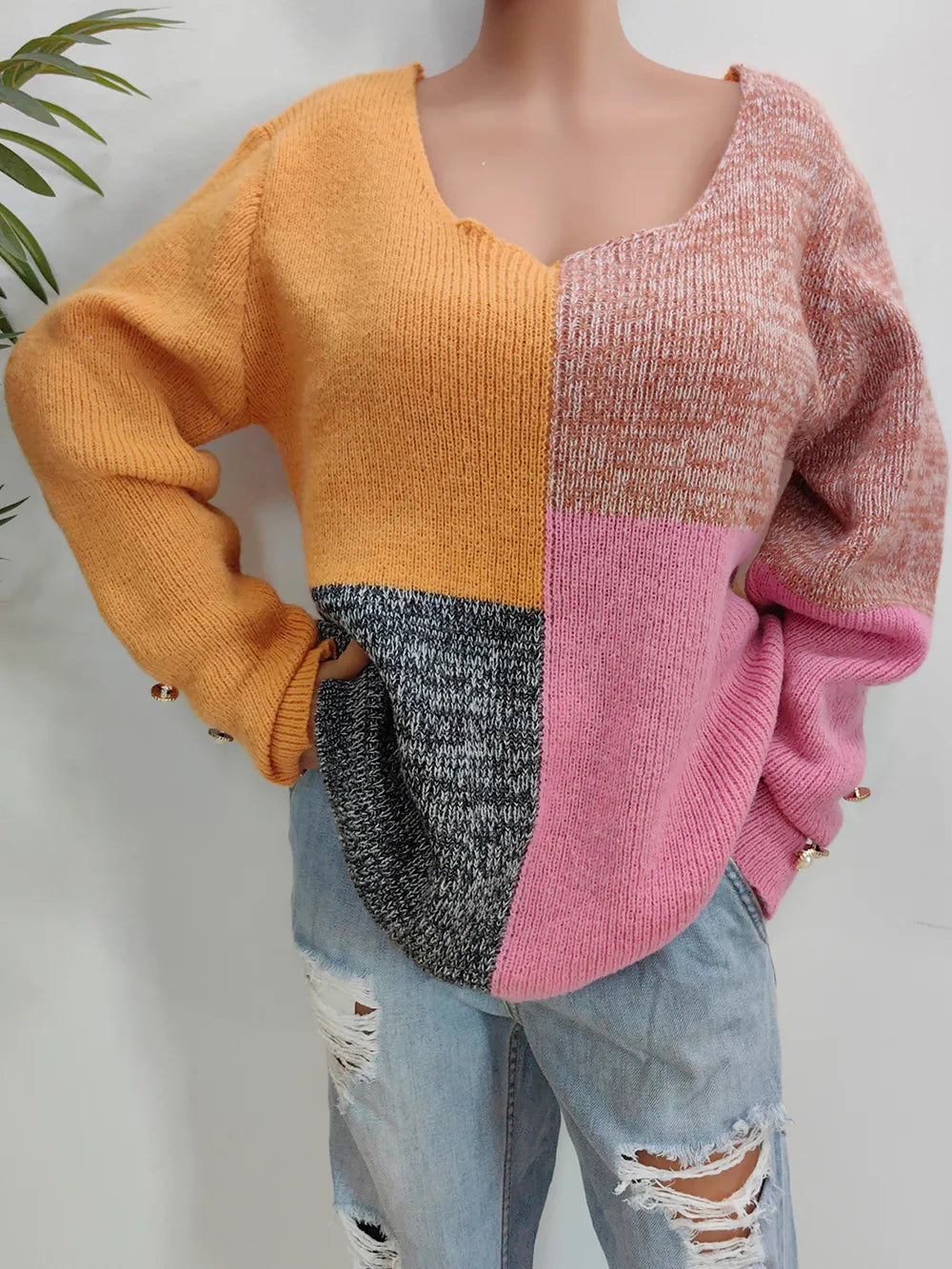 Color Block Decorative Button Long Sleeve Sweater in Sherbet