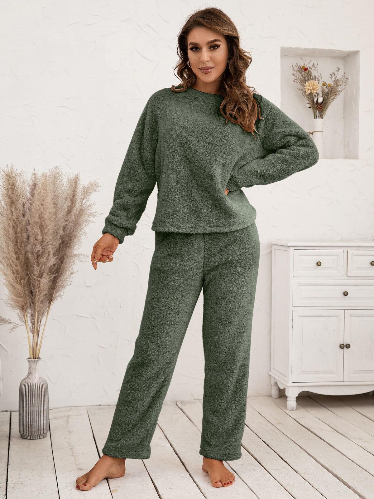Ivy Lane Teddy Long Sleeve Top and Pants Lounge Set - Lilixa.store