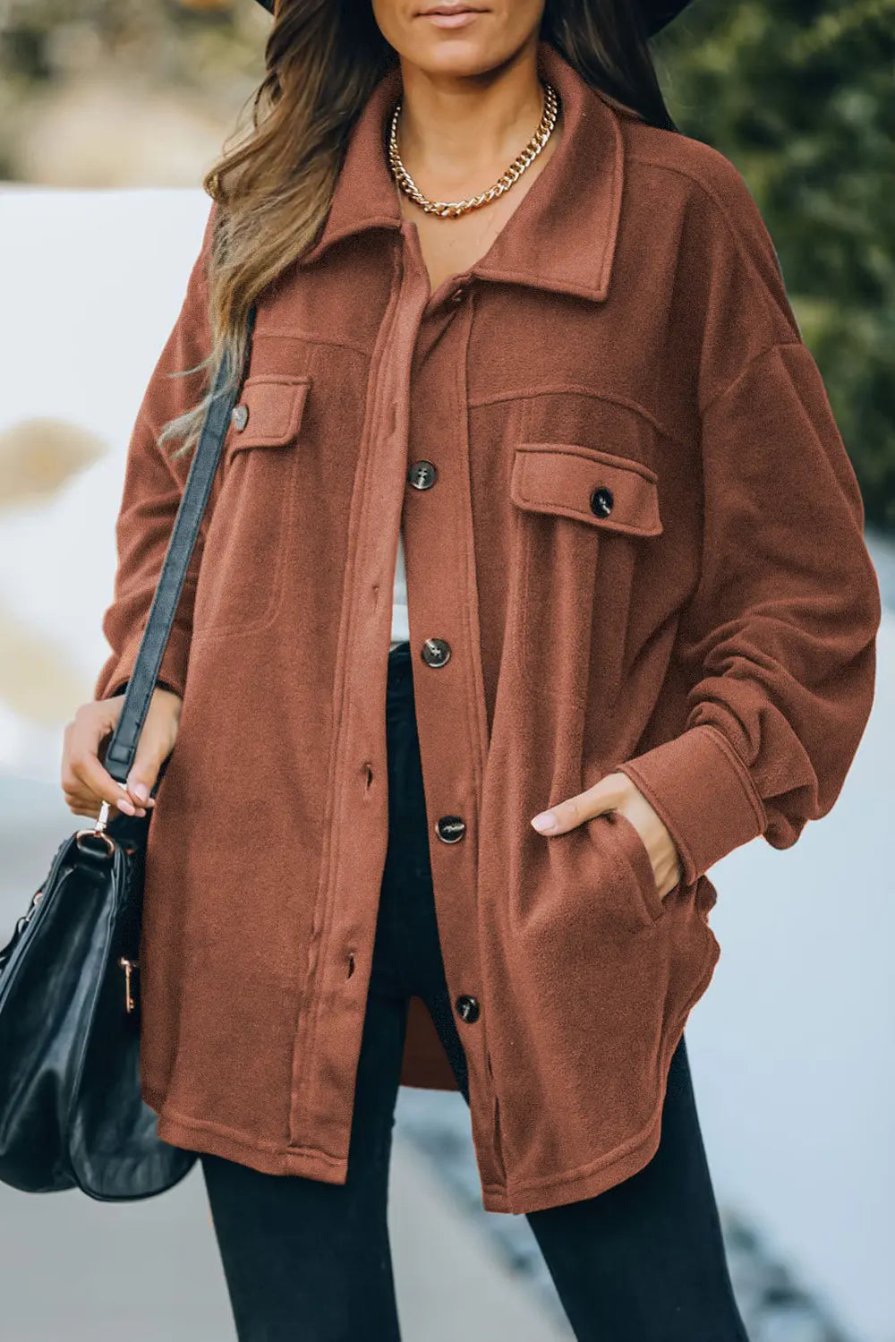 Button Up Collared Neck Long Sleeve Jacket in Caramel