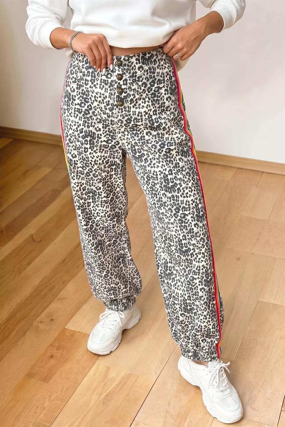 Leopard Print Rainbow Striped Detail Buttoned Loose Jogger Jeans - Lilixa.store