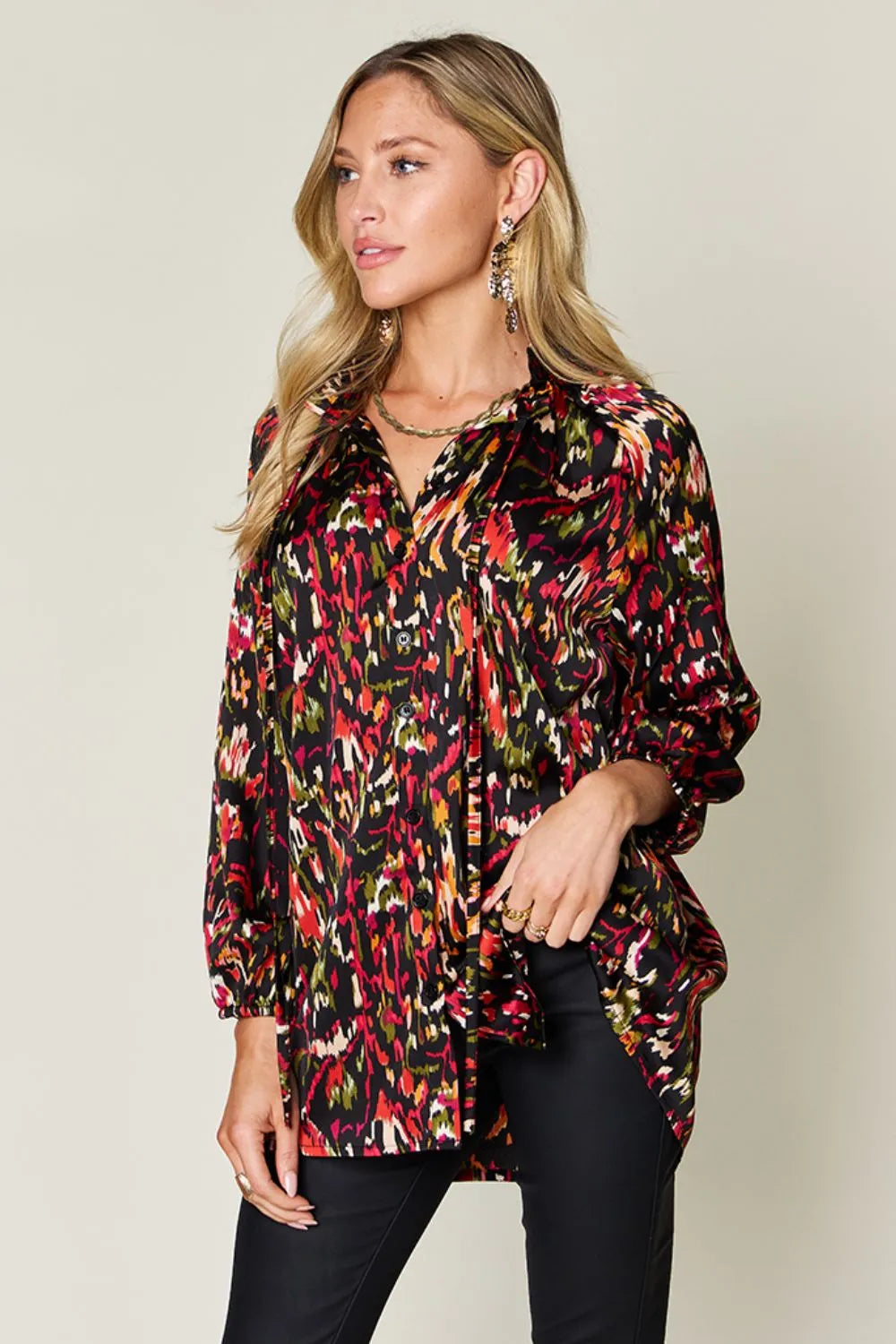 Double Take Full Size Printed Button Up Long Sleeve Shirt - Lilixa.store