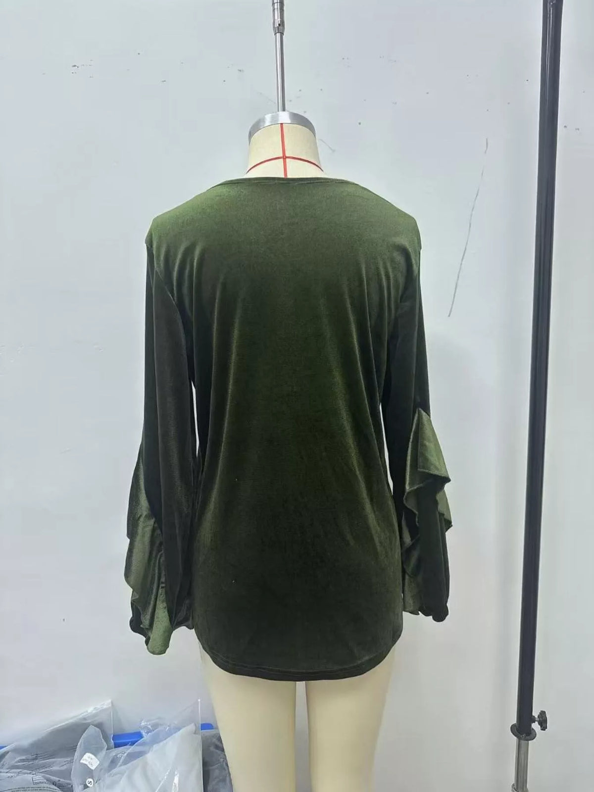 Velvet Round Neck Ruffle Sleeve Top