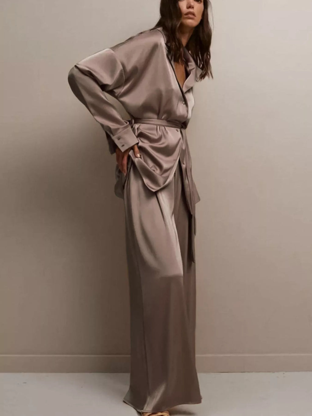 Satin Long Sleeve Shirt and Pants Set - Lilixa.store