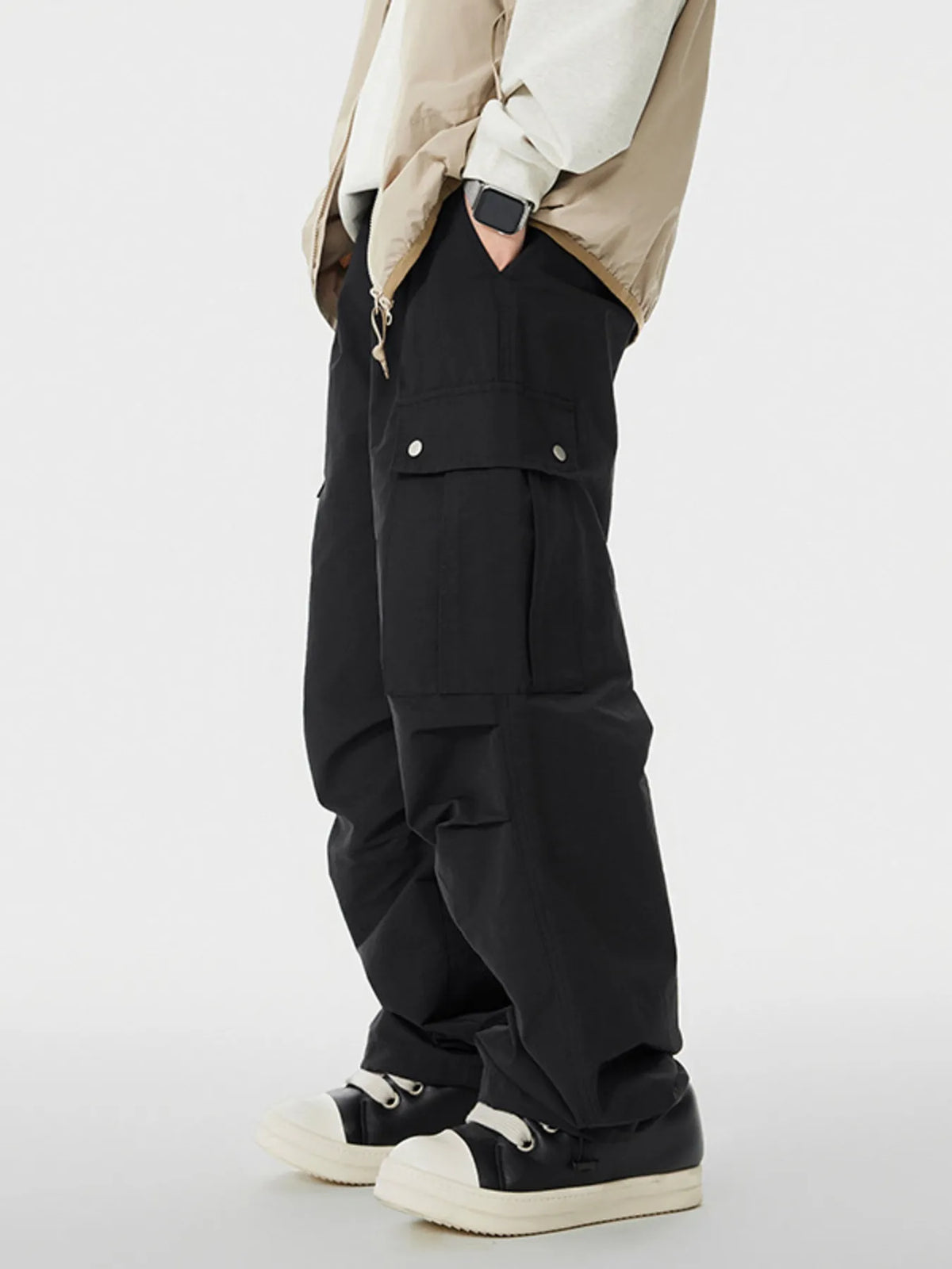 Men's Wide Leg Cargo Pants in Black, view 3