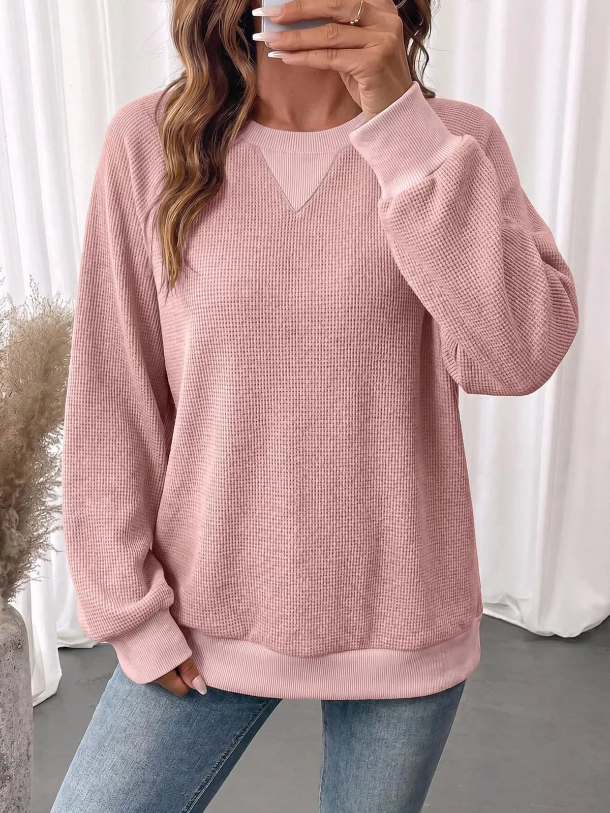 Waffle Knit Crew Neck Long Sleeve Sweatshirt in Pink