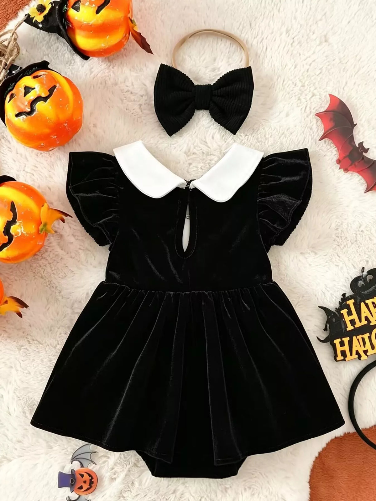 Children's Halloween 'BOO' Ghost Velvet Bodysuit Dress and Bow Headband Set - Lilixa.store