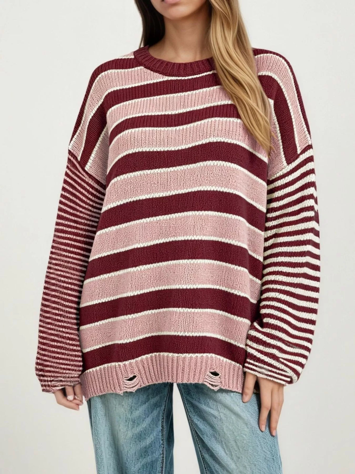 Oversized Striped Distressed Sweater - Lilixa.store