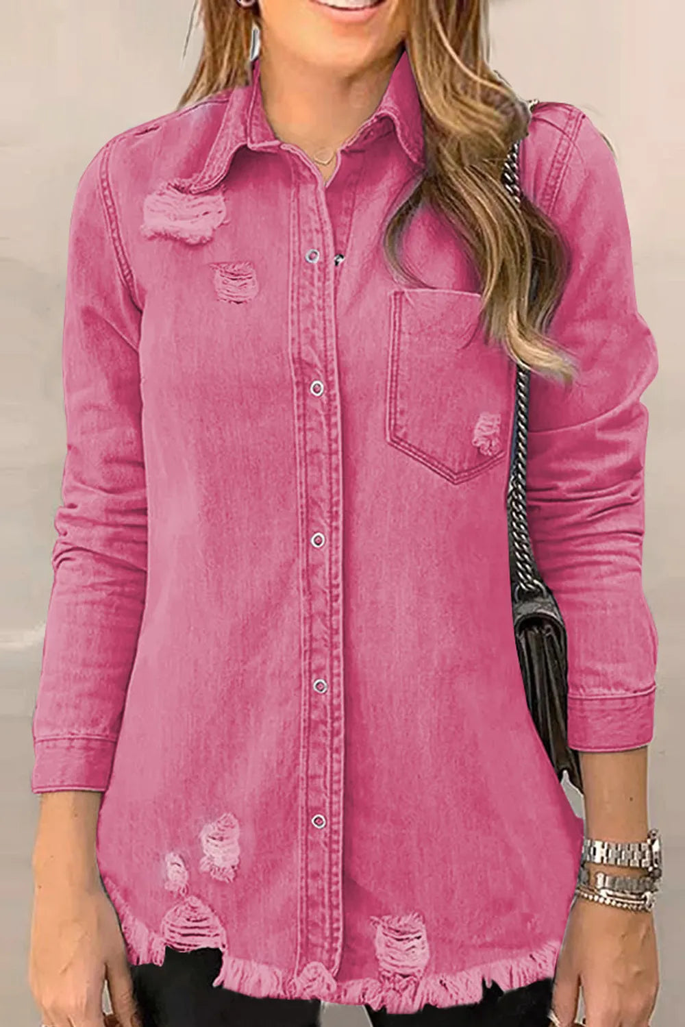 Distressed Raw Hem Snap Down Denim Jacket in Pink