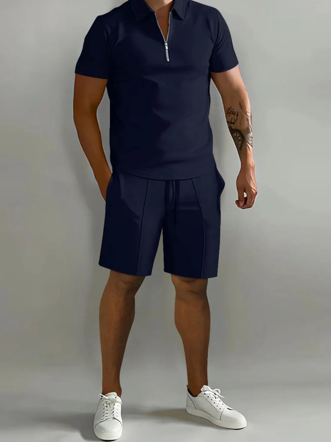 Men's Full Size Collared Neck Short Sleeve Top and Shorts Set Plus Size in Dark Blue