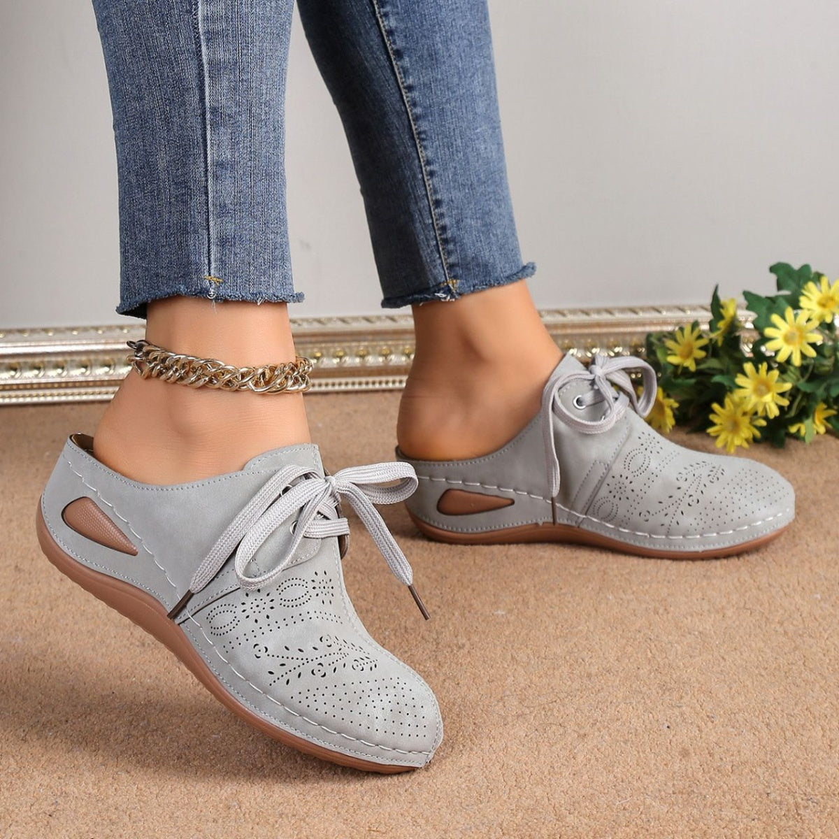 Lace-Up Wedge Slip-Ons in Light Gray