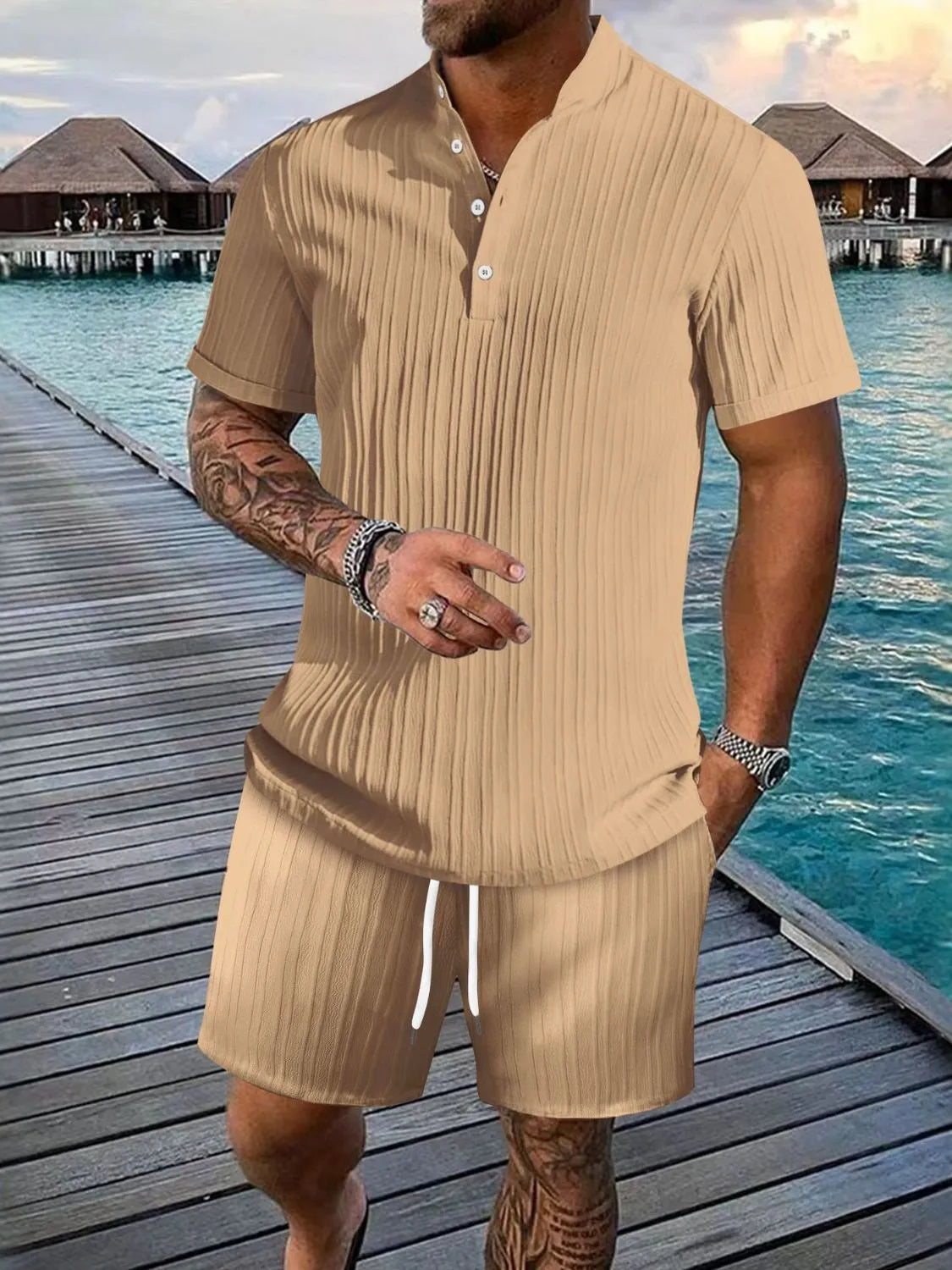 Men's Full Size Button Detail Short Sleeve Top and Shorts Set Plus Size in Camel