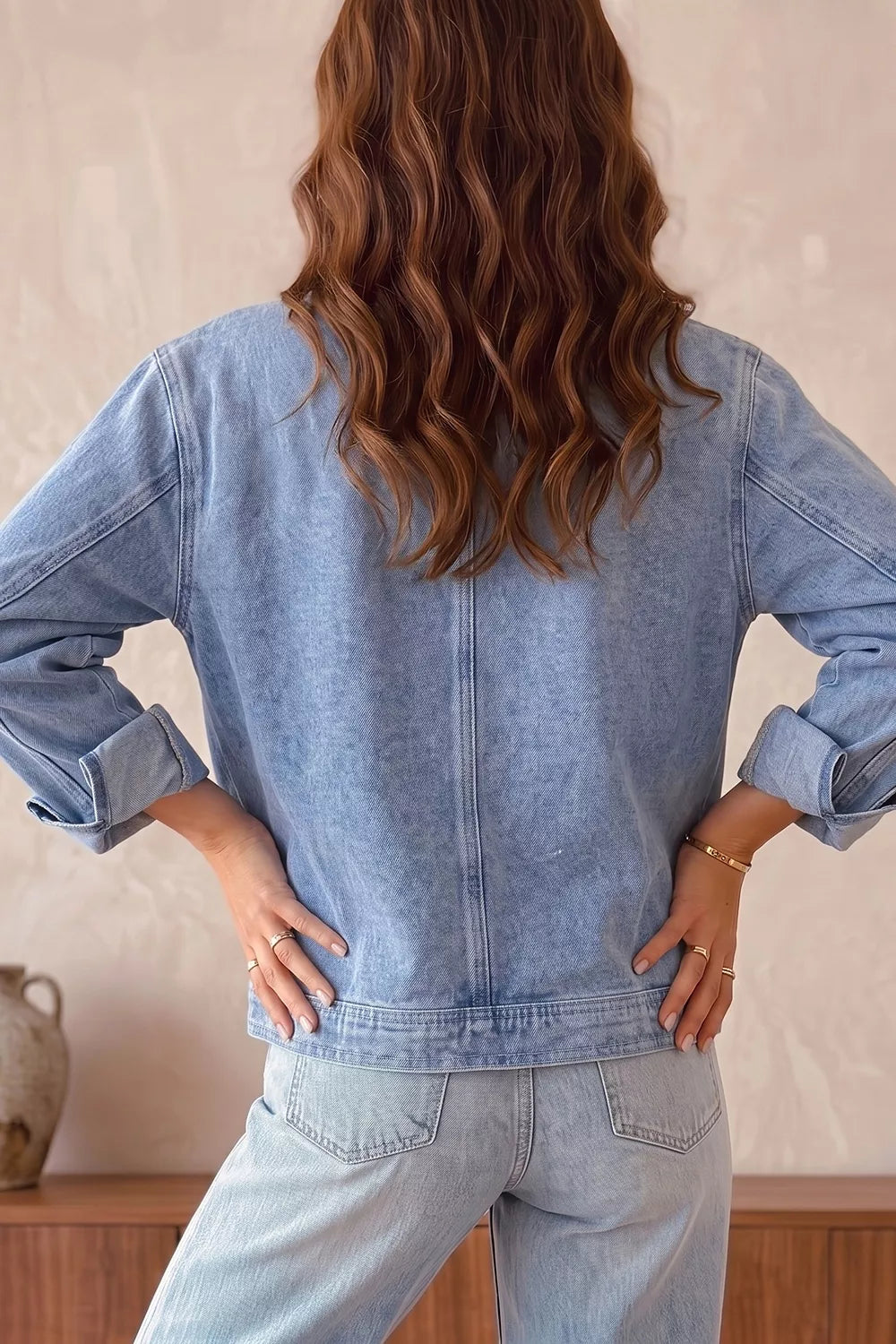 Studded Metal Zipper Rivet Pockets Long Sleeve Denim Jacket in Light Blue, view 2