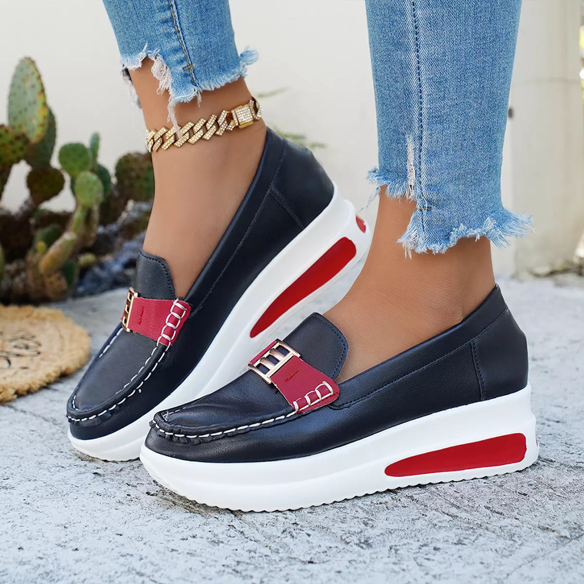 Metal Buckle Round Toe Slip-Ons in Dark Blue