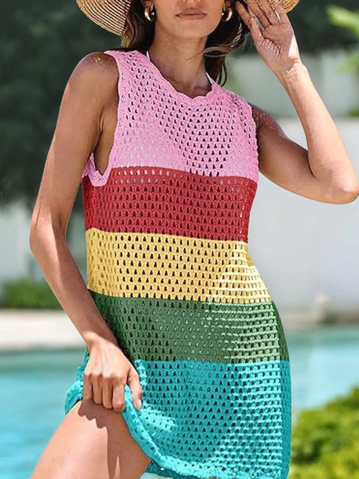 Color Block Openwork Sleeveless Cutout Back Cover-Up - Lilixa.store