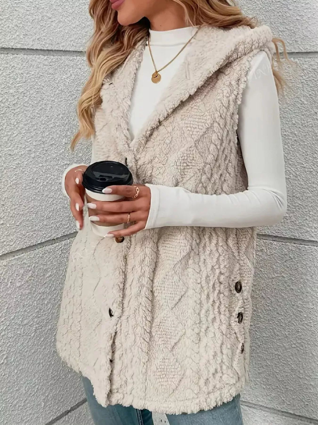 Button Up Plush Hooded Vest Coat - Lilixa.store