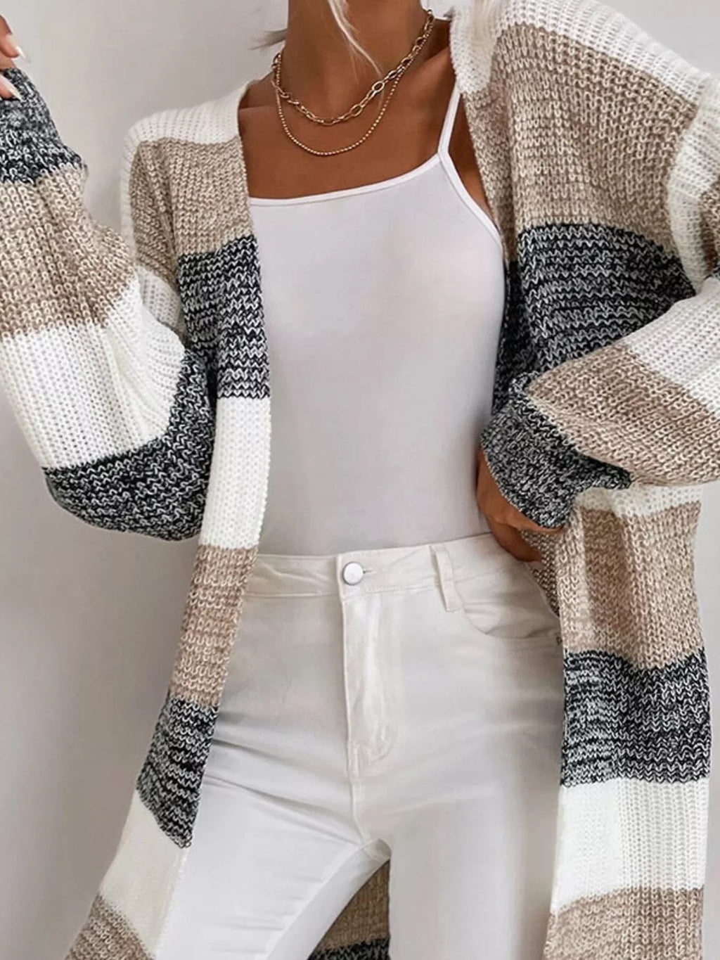 Color Block Striped Open Front Longline Cardigan - Lilixa.store