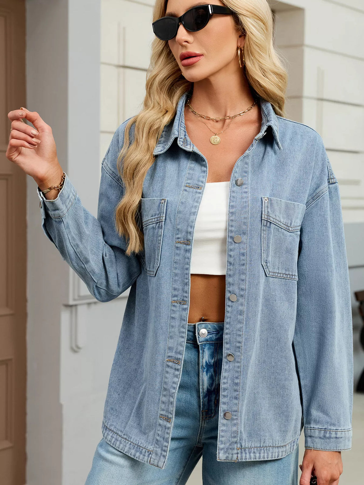 Button Up Dropped Shoulder Denim Jacket, view 10