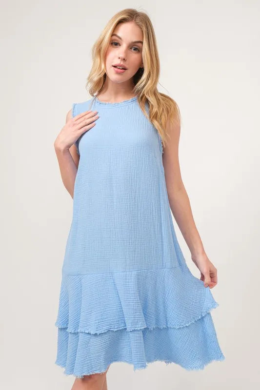And The Why Washed Fringe Detail Tiered Dress in Baby Blue, view 5