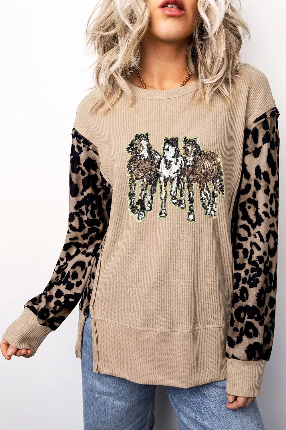 Sequined Western Horse Graphic Leopard Sleeve Patchwork Waffle Knit Top in Khaki, view 2