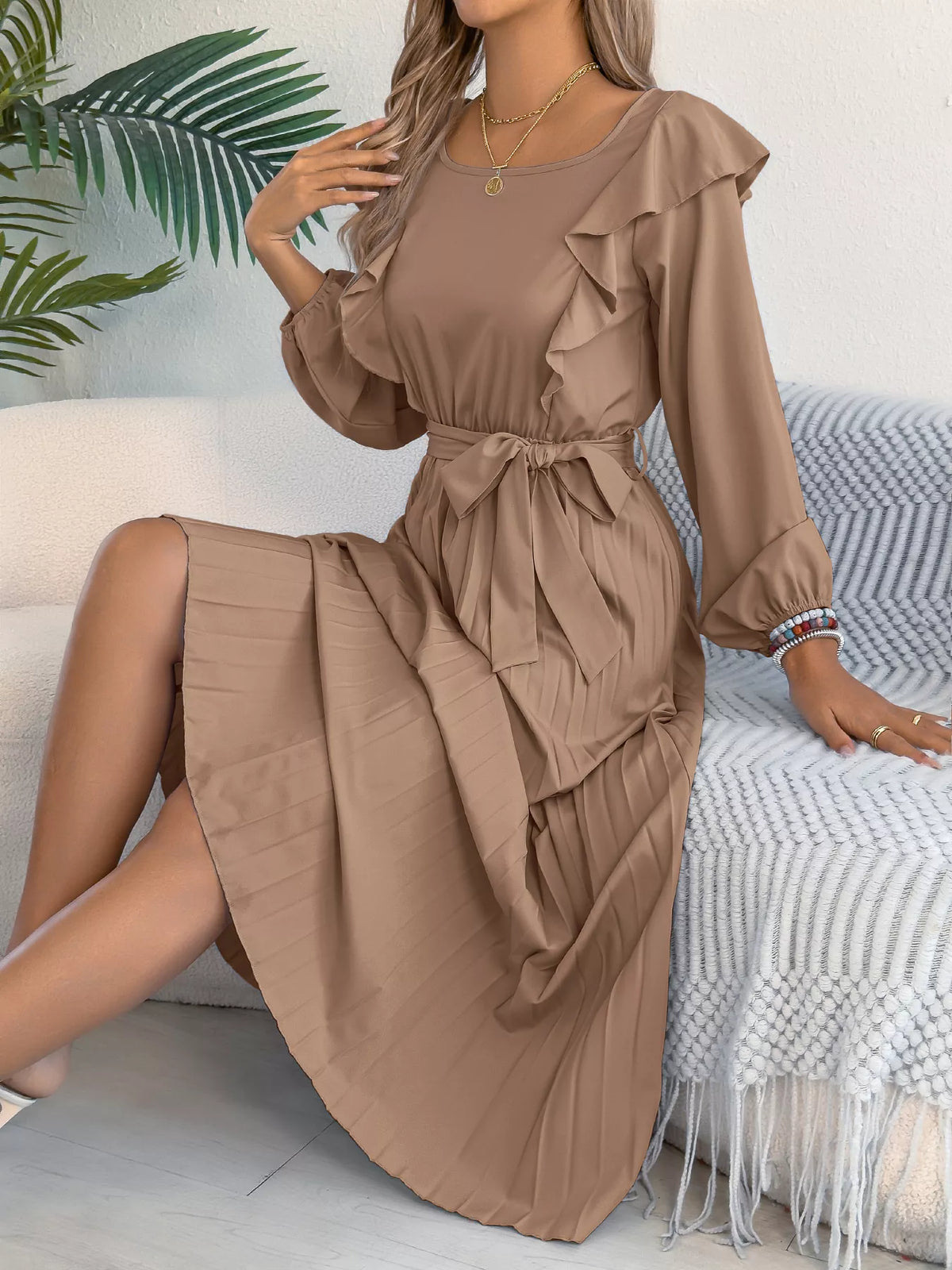 Ruffled Pleated Midi Dress with Waist Tie, view 15