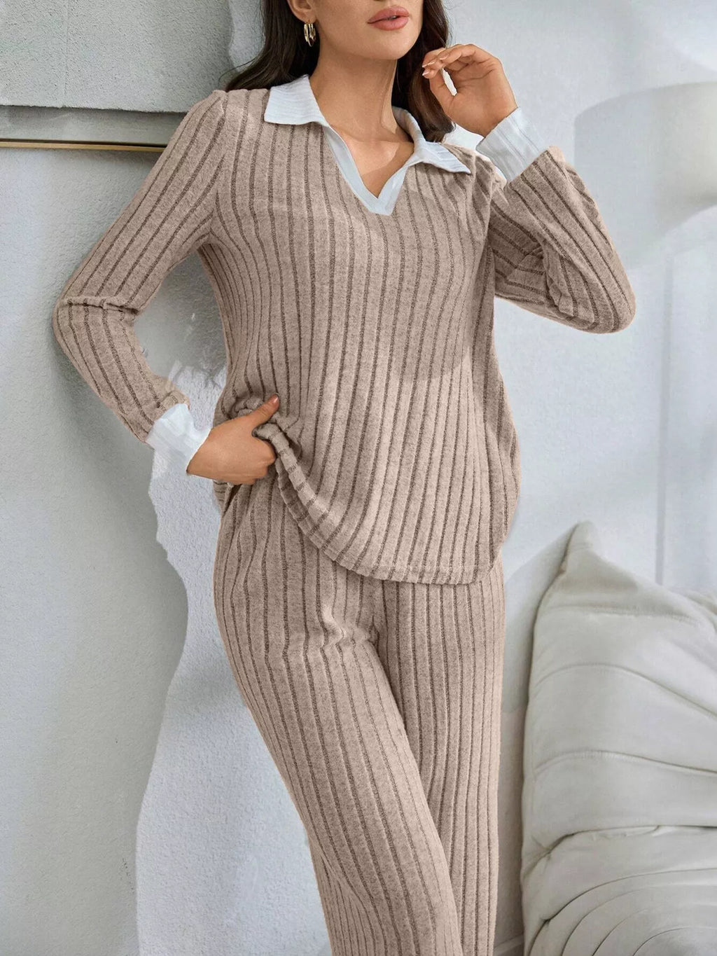 Ribbed Knit Polo Collar Top and Pants Lounge Set - Lilixa.store