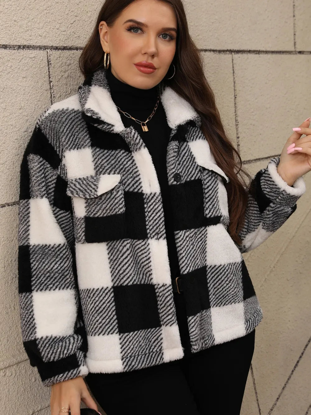Plus Size Pocketed Plaid Collared Neck Jacket in Black, view 2