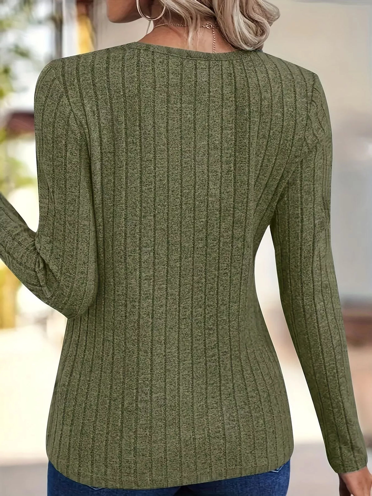 Ribbed Knit V-Neck Long Sleeve T-Shirt - Lilixa.store