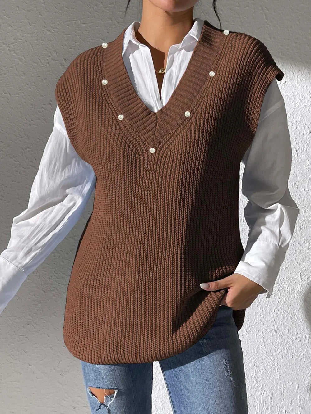 Pearl Trim V-Neck Sweater Vest in Coffee Brown