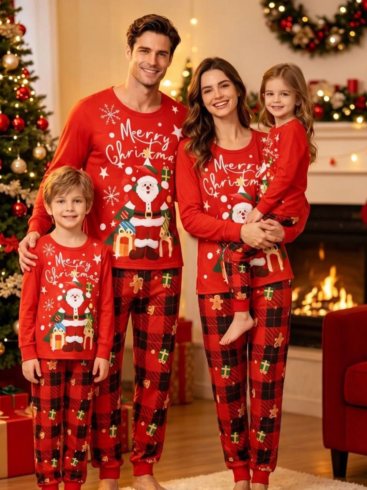 Family Matching Christmas Pajama Set with Santa and Plaid Print